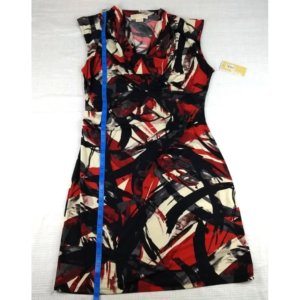 Michael Kors Sleeveless Sheath Dress L Ruched Side Cowl Neck Black Red Blaze NWT